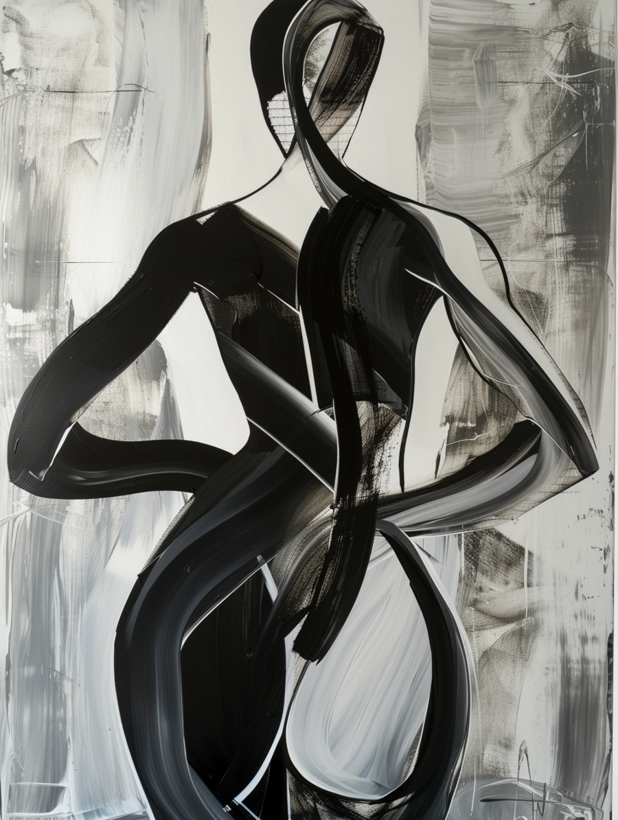 Ribbon Figure - a figure assembled from broad black ribbons against scraped grey, on a metal wall art plate