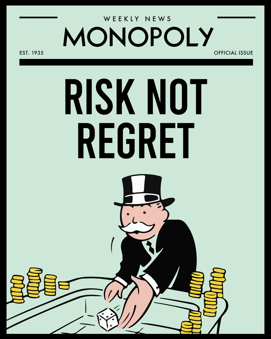 Risk Not Regret - “Risk Not Regret” set as a newspaper front page, mint green, with the tycoon rolling dice, on a metal wall art plate