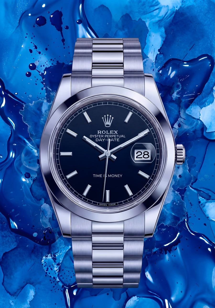 Rolex Day-Date – Blue Ink - a steel Day-Date floating on a pour of blue ink, the black dial and TIME IS MONEY text holding, on a metal wall art plate