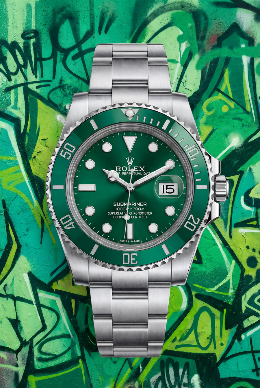 Rolex Submariner – Graffiti Green - a green-dial Submariner against a wall of green spray paint, the tags running right up to the, on a metal wall art plate