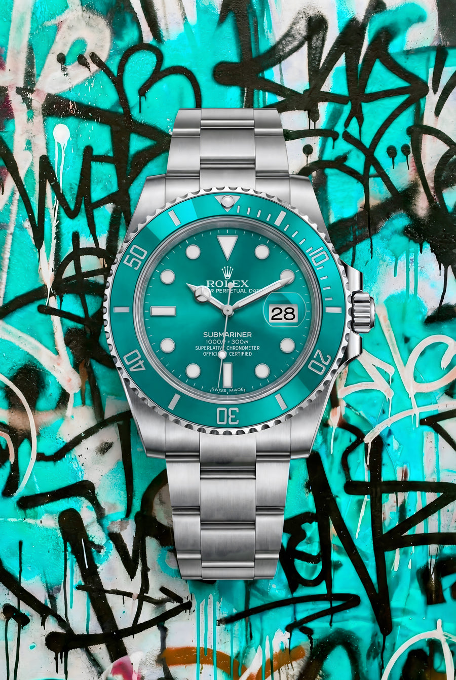 Rolex Submariner – Graffiti Teal - a teal-dial Submariner against turquoise spray work and black tags, on a metal wall art plate