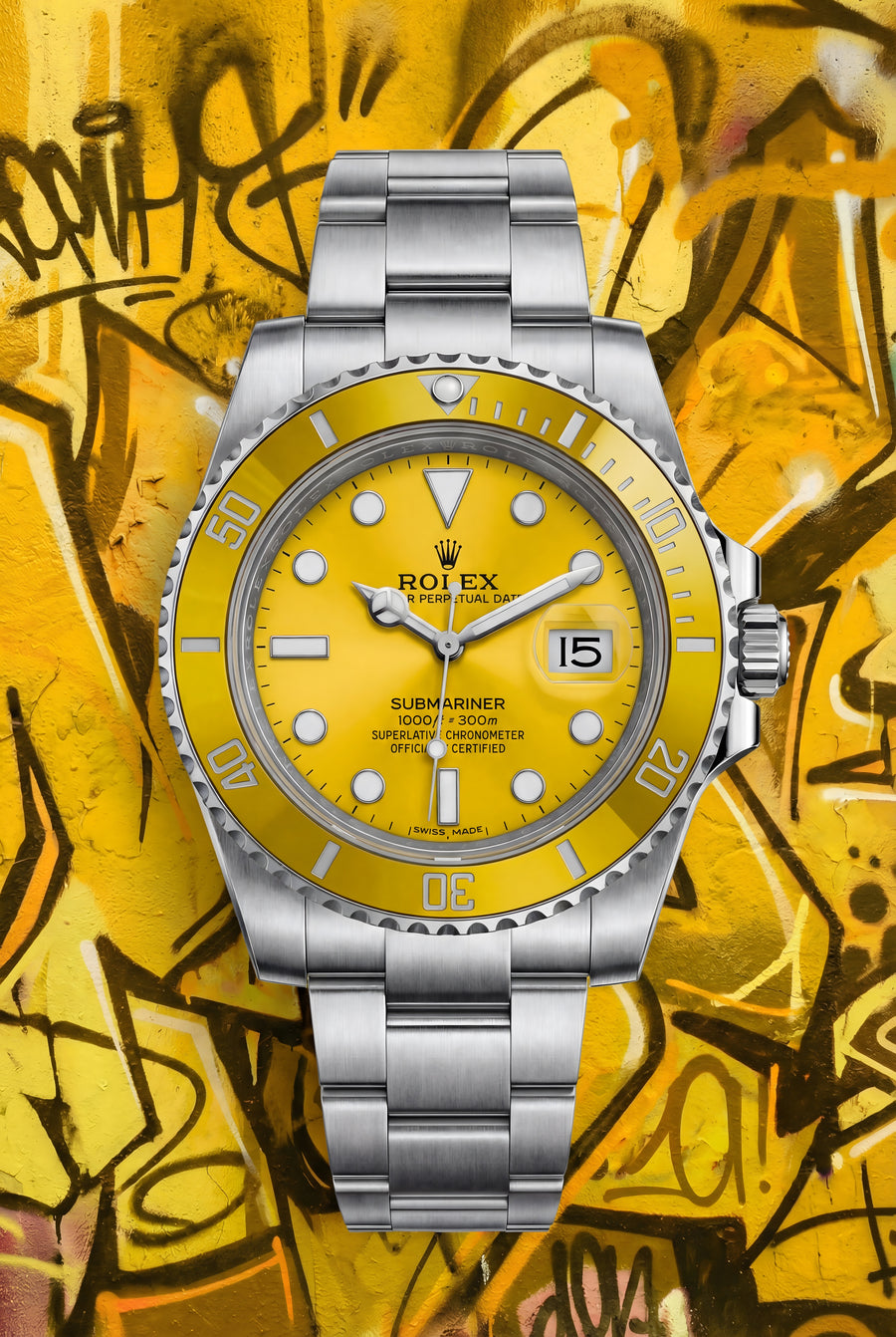 Rolex Submariner – Graffiti Yellow - a yellow-dial Submariner on yellow graffiti, bezel and background tuned to the same key, on a metal wall art plate
