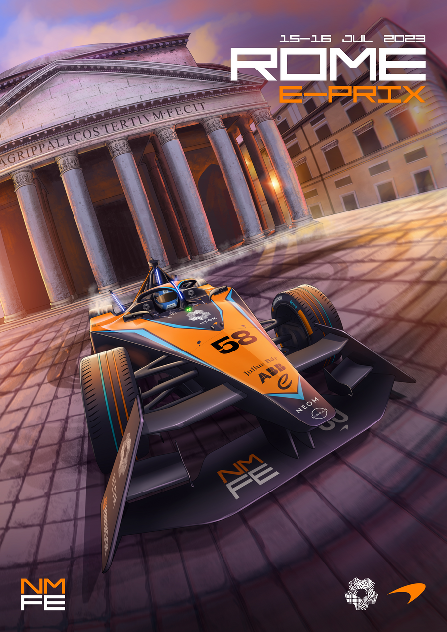 Rome E-Prix 2023 – Race Poster - an illustrated race poster for the Rome E-Prix 2023 — drawn in the graphic, flat-colour style, on a metal wall art plate
