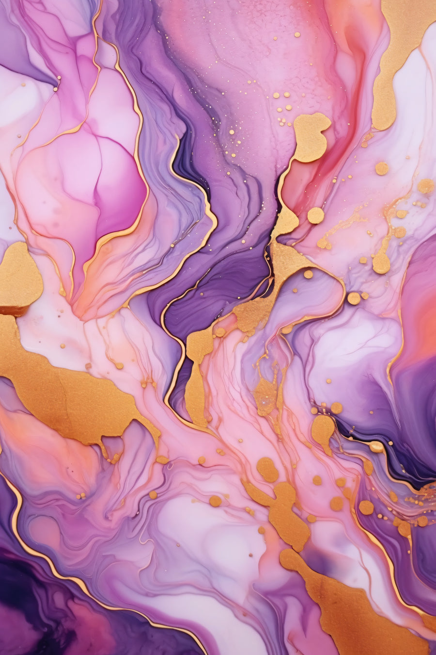 Rose Quartz Flow - soft pink, lilac and purple marble-like layers flow around luminous gold details, on a metal wall art plate