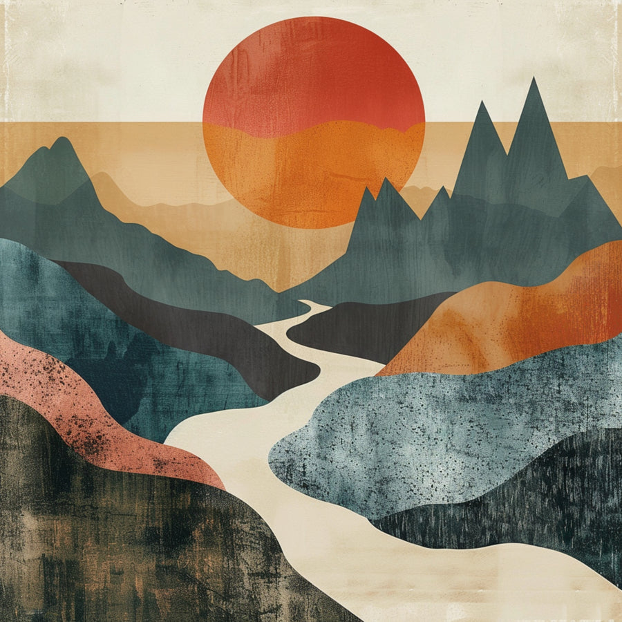 Rust River Valley - layered teal, charcoal and rust mountains frame a winding pale river beneath a large textured red-orange sun, on a metal wall art plate