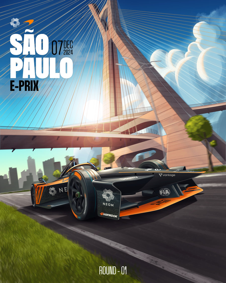 São Paulo E-Prix 2024 – Race Poster - an illustrated race poster for the Sao Paulo E-Prix 2024 — drawn in the graphic, flat-colour, on a metal wall art plate
