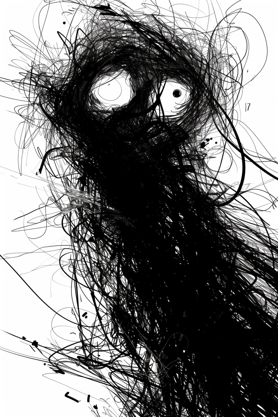 Scribble - a dense knot of scribbled line with two white eyes staring out of it, on a metal wall art plate