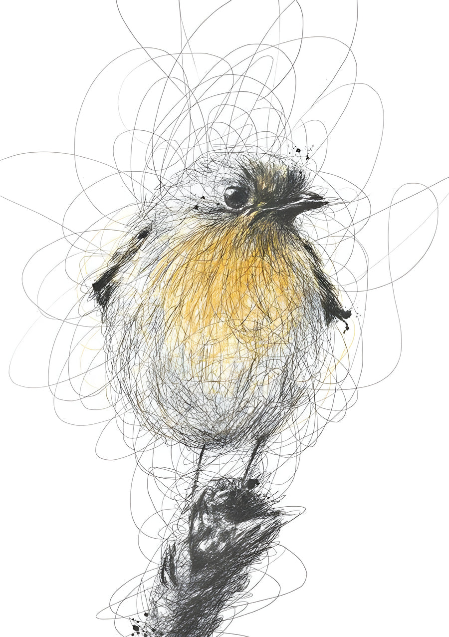 Scribbled Robin - a robin drawn in a nest of loose scribble, the breast filled in ochre, on a metal wall art plate
