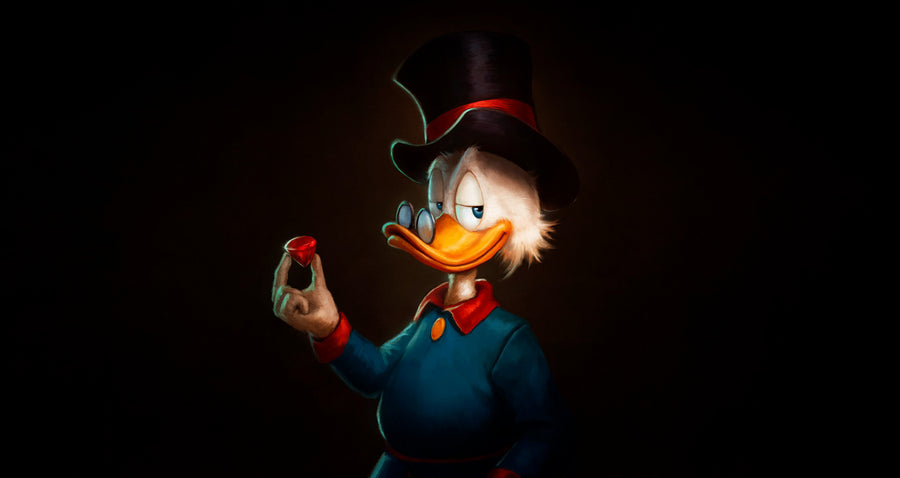 Scrooge – The Lucky Dime - the old duck in his top hat lit only by the coin in his hand, everything else dropped into, on a metal wall art plate
