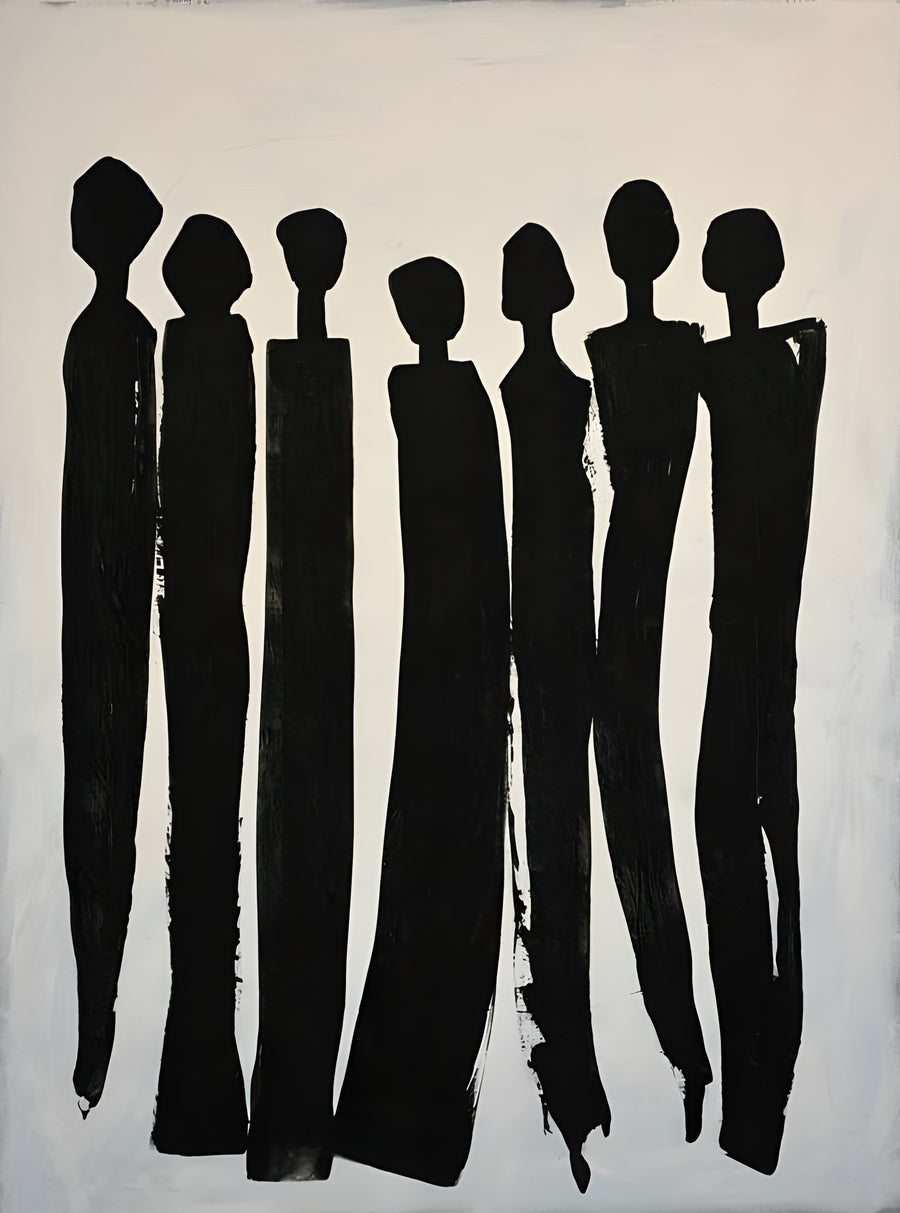 Seven Figures - seven tall black figures, brushed in single strokes, standing shoulder to shoulder, on a metal wall art plate