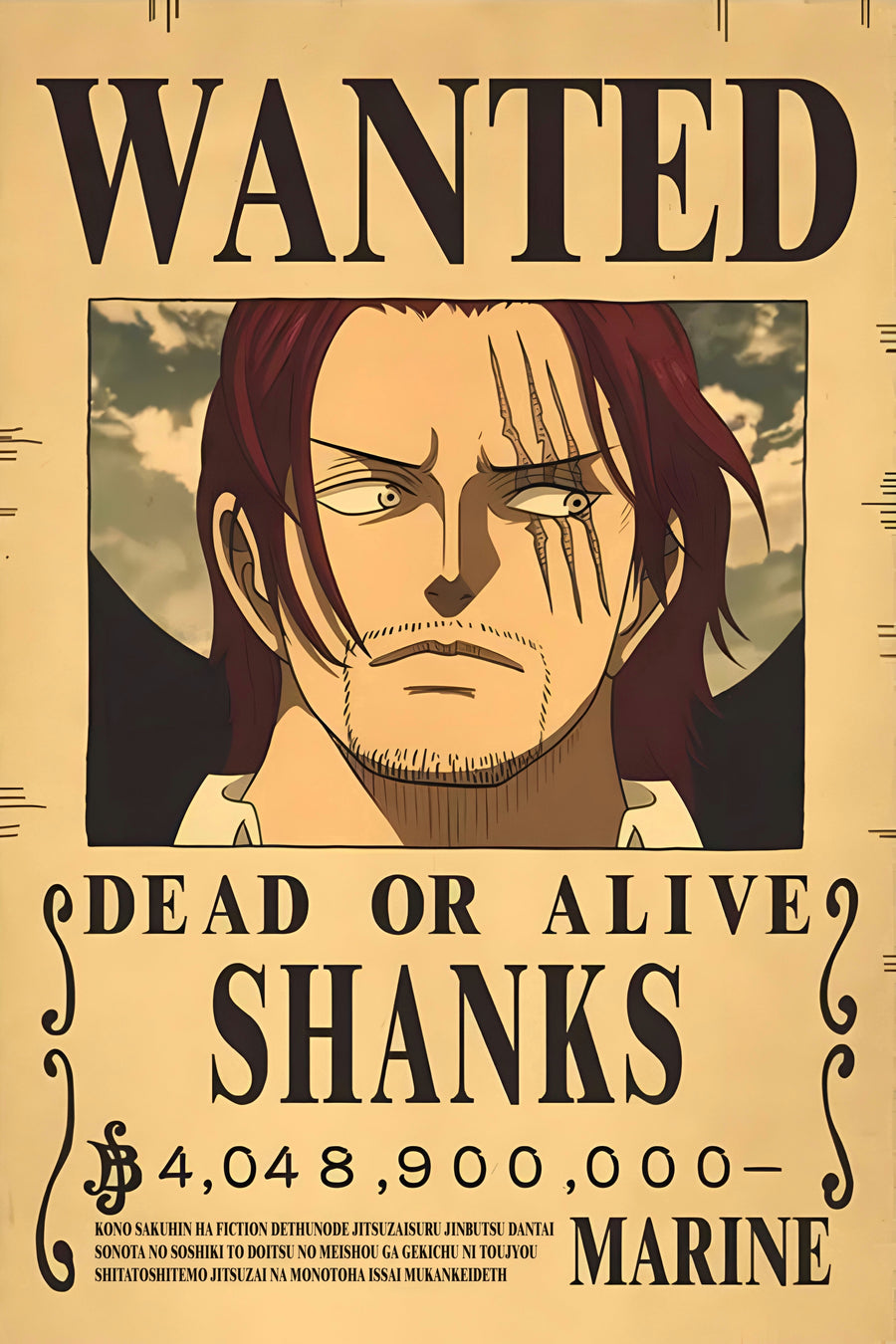 Shanks – Bounty Poster - a bounty poster for Shanks, 4,048,900,000 berries, dead or alive, on a metal wall art plate
