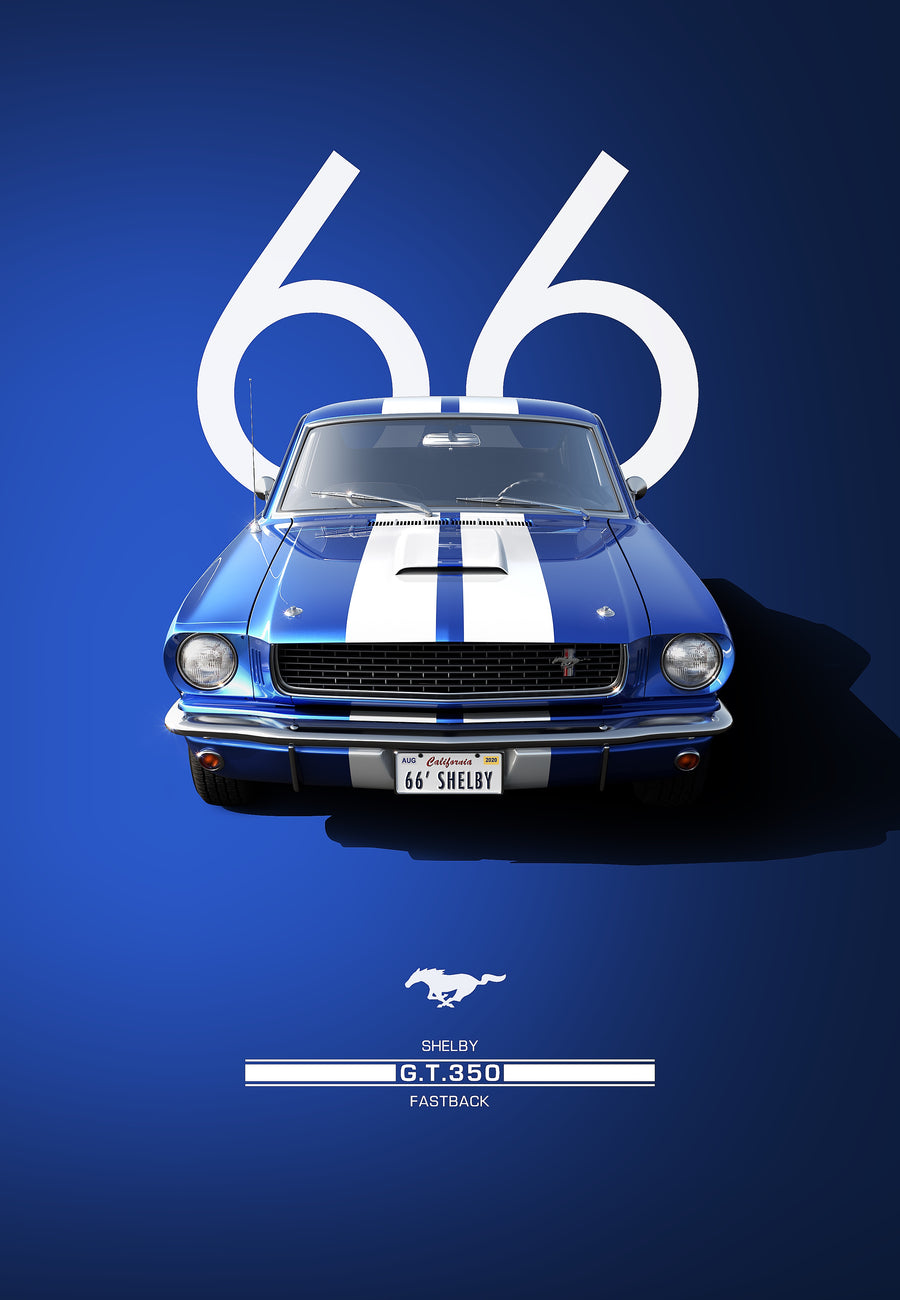 Shelby GT350 Fastback - shelby GT350 Fastback — blue with white stripes on blue, on a metal wall art plate