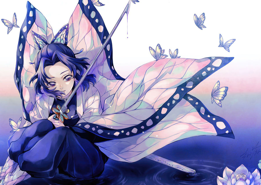 Shinobu Kocho – Water - shinobu among butterflies over still water, on a metal wall art plate