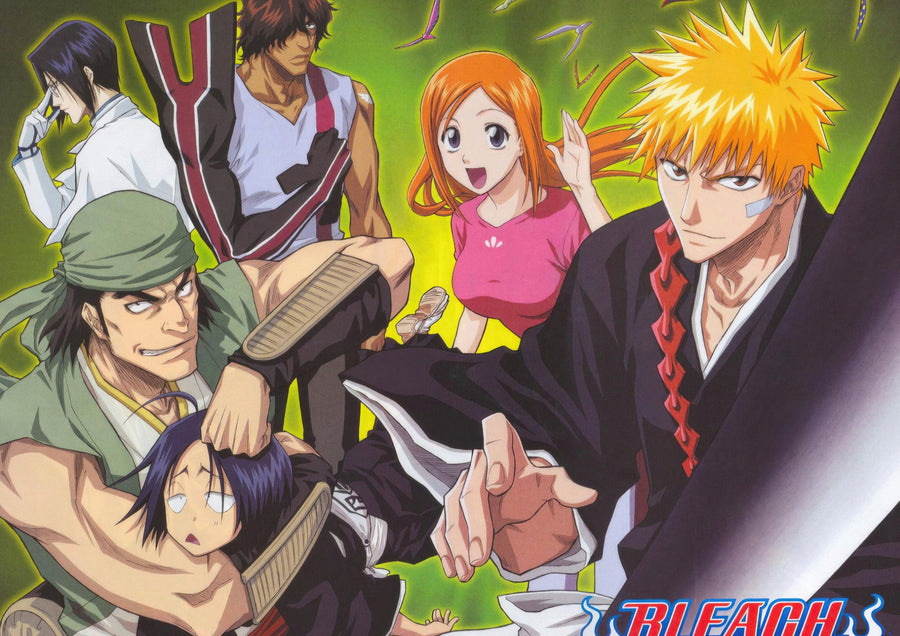 Soul Reapers – Portrait - the main cast grouped together beneath the Bleach logo, on a metal wall art plate