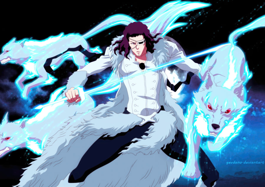 Spirit Wolves – Spirit Wolves - a figure flanked by two spectral white wolves in blue light, on a metal wall art plate
