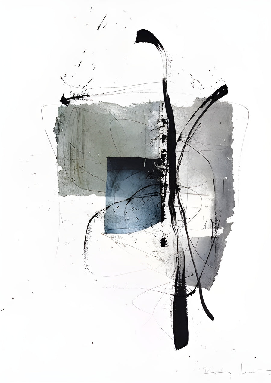 Square and Stroke - stained squares of grey and blue with one long black stroke laid down the middle, on a metal wall art plate