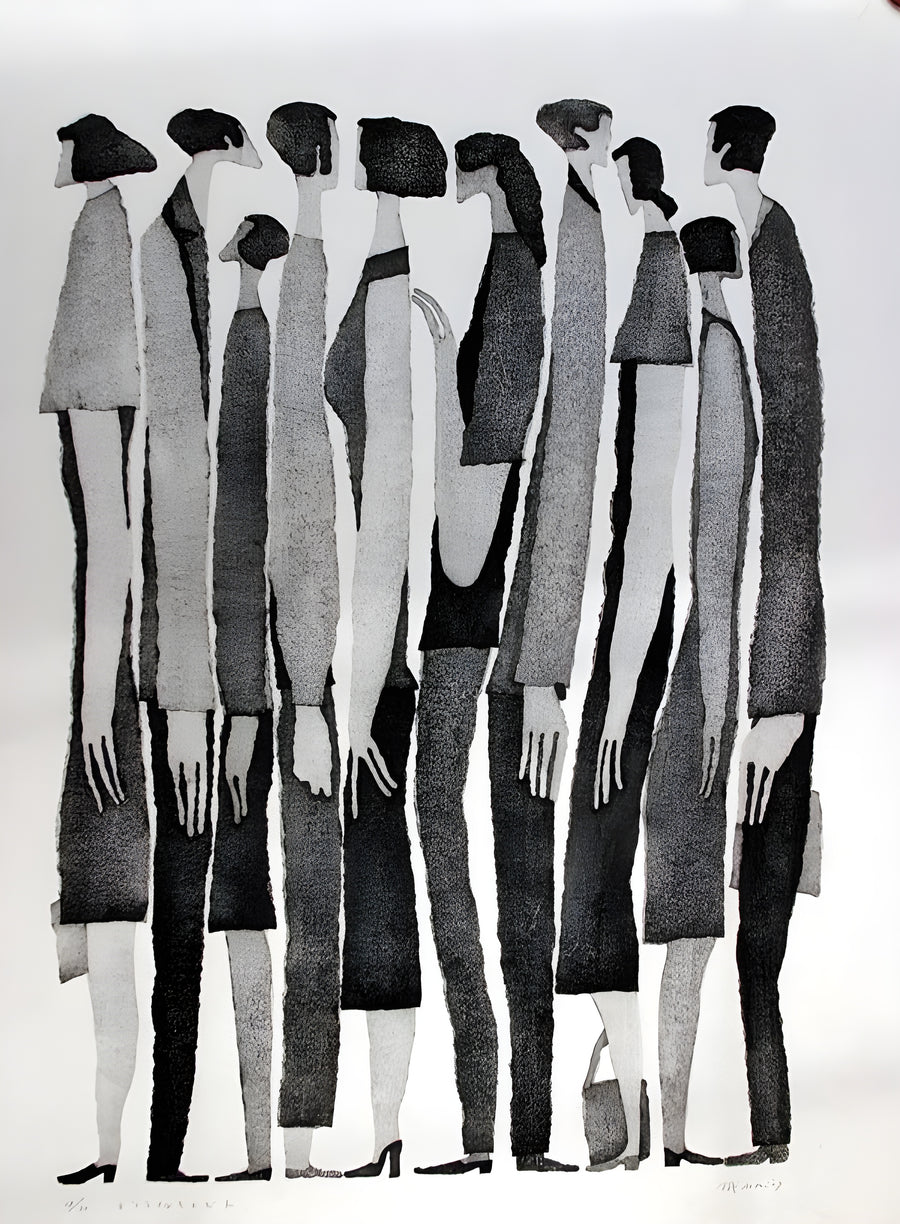 Standing Figures - a row of figures painted in greys, heads cropped by the top edge, on a metal wall art plate
