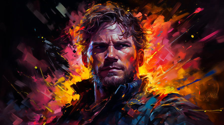 Star-Lord – Paint Splash - a windswept face in the middle of an explosion of orange and blue, on a metal wall art plate