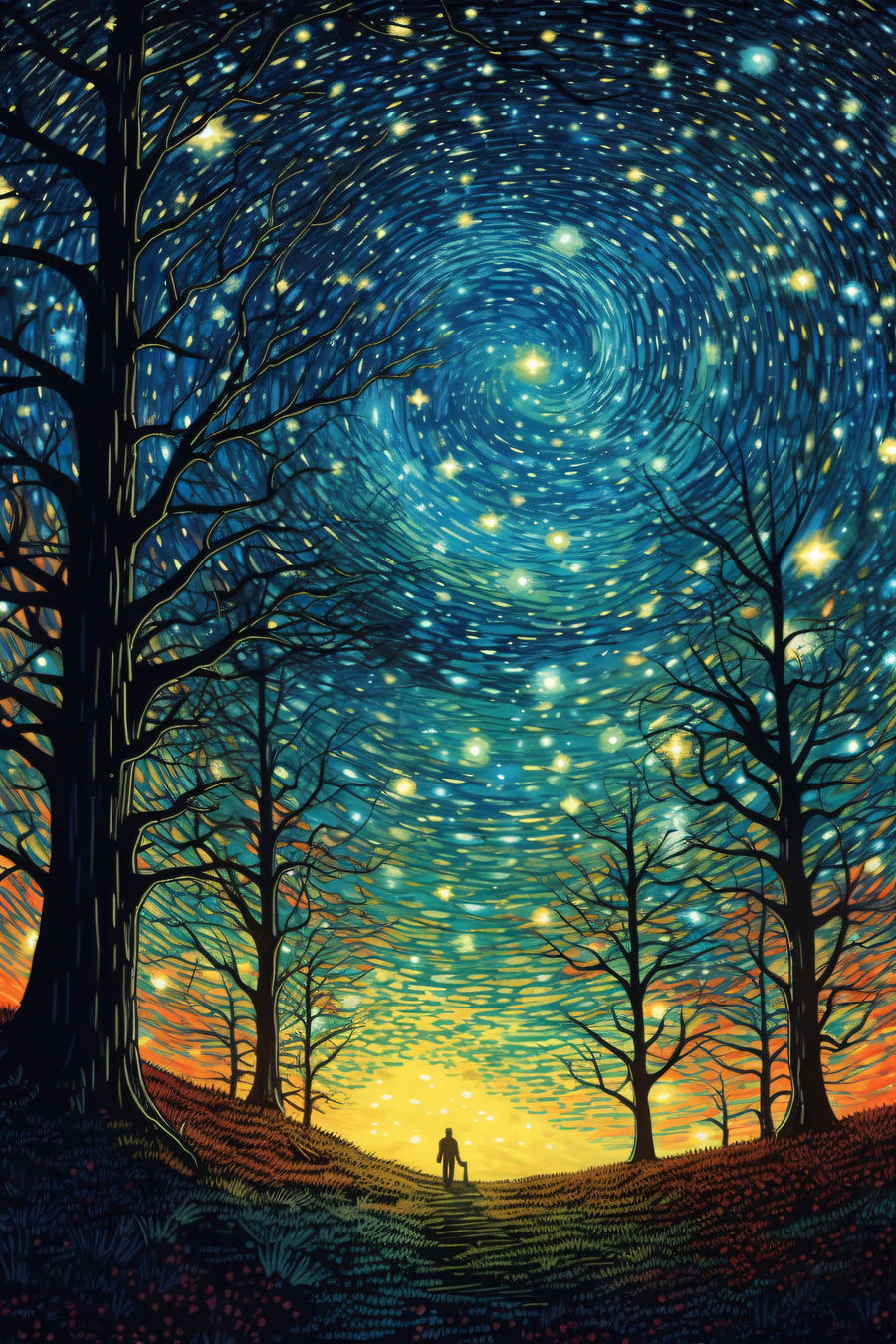 Starry Forest - a swirling blue-green night sky filled with glowing stars opens above a dark forest and distant figure, on a metal wall art plate