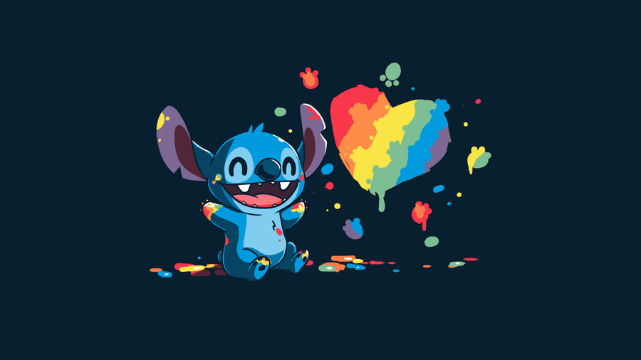 Stitch and the Balloon - the little blue alien holding a balloon of spattered colour, on a metal wall art plate