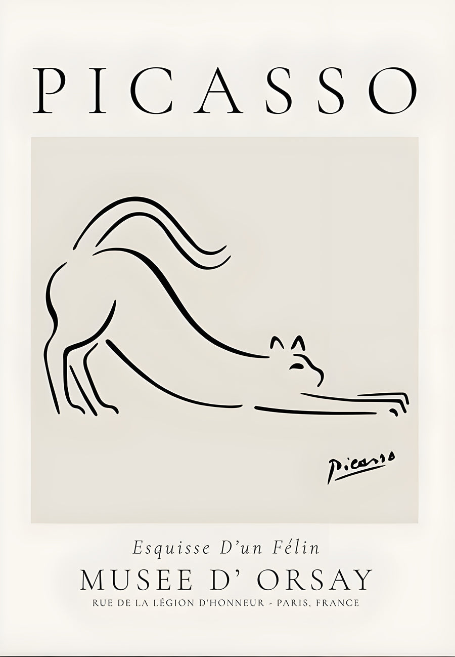 Stretching Cat - a cat stretching, drawn in one unbroken line beneath printed exhibition type, on a metal wall art plate