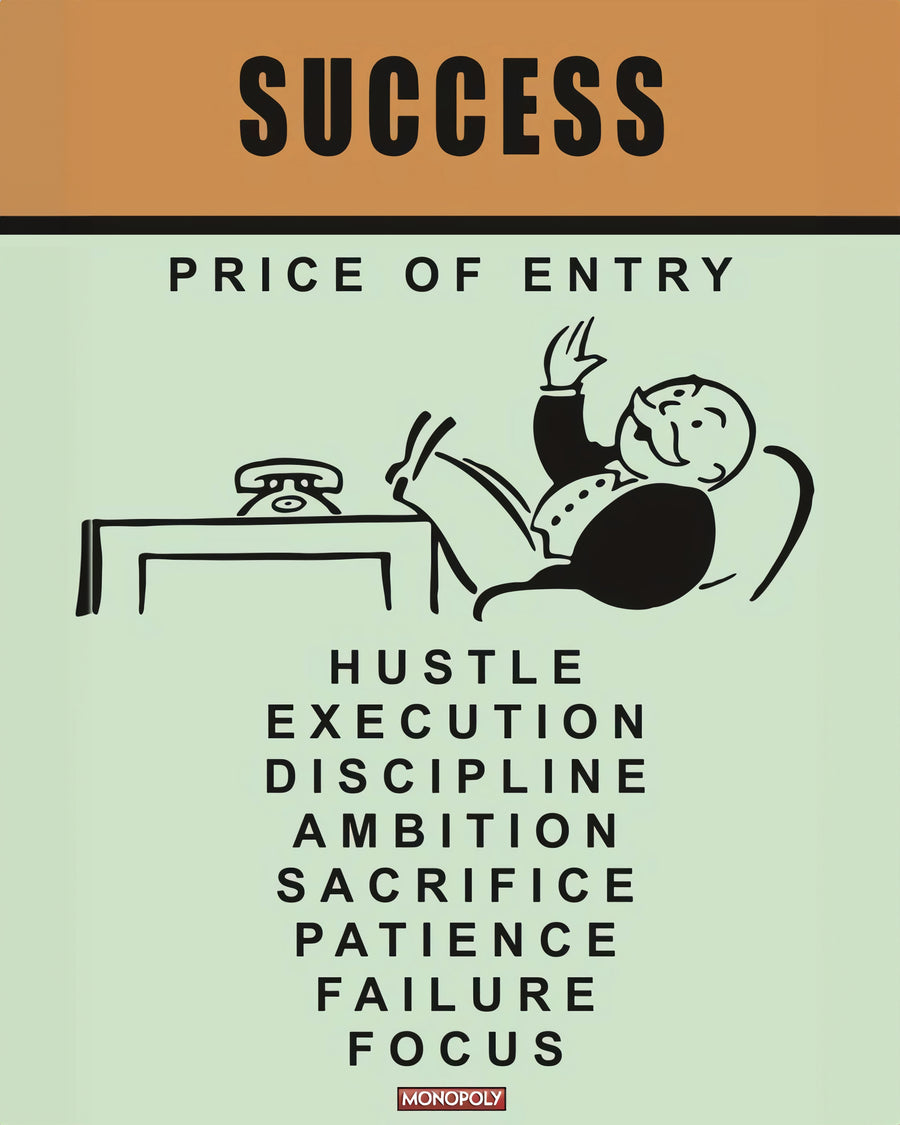 Success – Price of Entry - sUCCESS — “Price of entry” — in the style of a vintage board-game card, burnt orange, with the, on a metal wall art plate