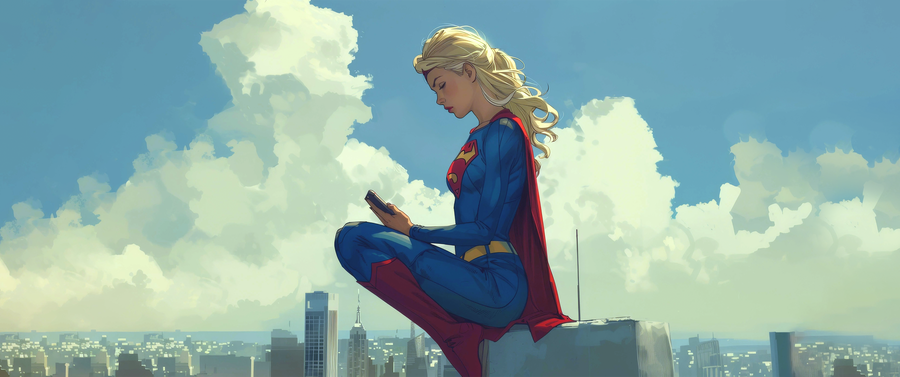 Supergirl – City Ledge - a caped figure sat on a ledge above the skyline, cloud piled up behind her, on a metal wall art plate
