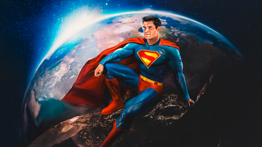 Superman – Above the Earth - the cape streaming, the curve of the planet behind, on a metal wall art plate