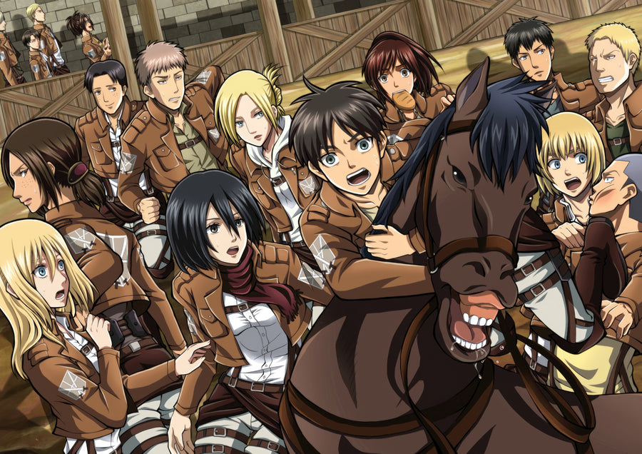 Survey Corps – In Red - the scouts gathered with their horses before a sortie, on a metal wall art plate