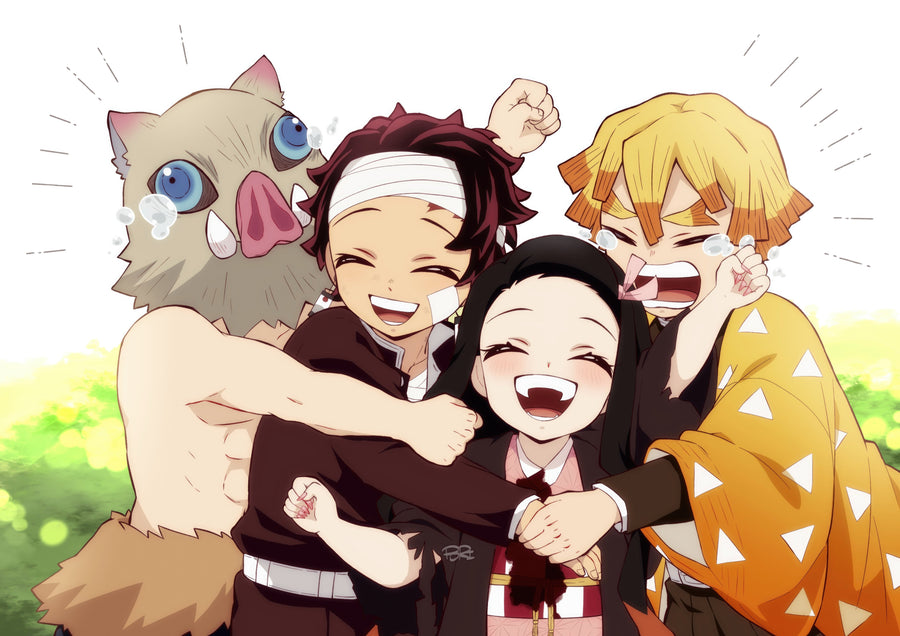 Tanjiro and Friends – Group Hug - the four of them piled into a laughing group hug, on a metal wall art plate