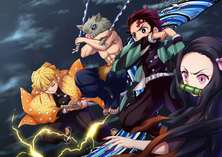 Tanjiro and Friends – Lightning - the four of them fighting together under a storm of lightning, on a metal wall art plate