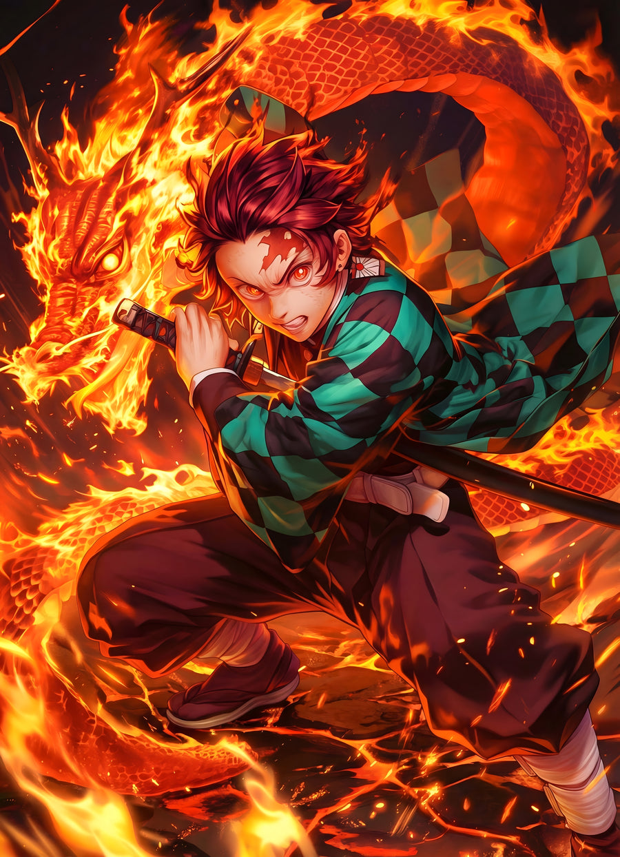 Tanjiro Kamado – Fire Dragon - tanjiro cutting through a fire dragon in orange and gold, on a metal wall art plate