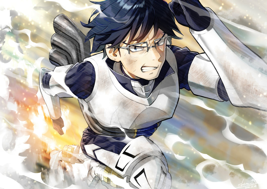 Tenya Iida – In Grey - iida at full sprint, engines firing, drawn in cool greys, on a metal wall art plate