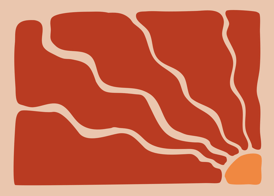 Terracotta Contours - layered terracotta fields are divided by flowing pale contour lines with a bright orange corner accent, on a metal wall art plate
