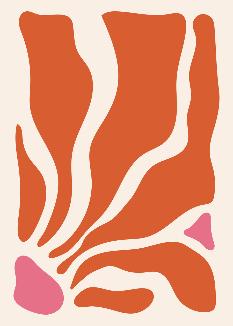 Terracotta Current - warm terracotta forms rise and curve across a cream ground with soft pink accents, on a metal wall art plate