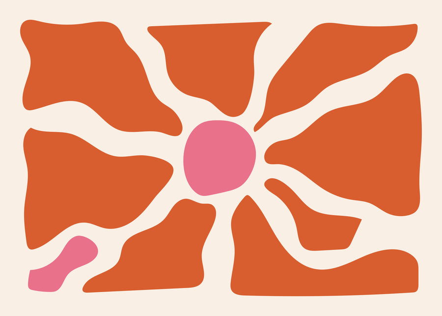 Terracotta Pink Sunburst - terracotta forms radiate around a soft pink centre with a small matching accent, on a metal wall art plate