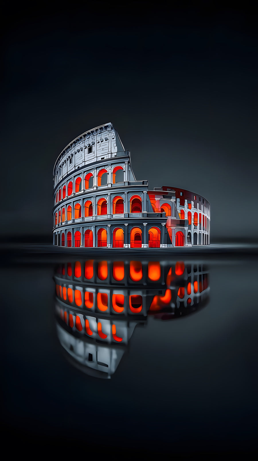 The Colosseum sits on black glass, every arch glowing ember orange and doubled in the reflection below