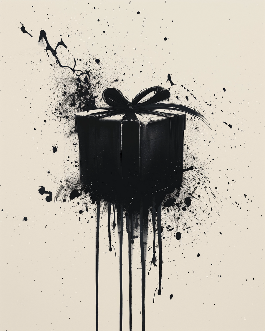 The Gift - an ink-splattered gift box and bow on warm cream, the paint running down the page in long drips, on a metal wall art plate