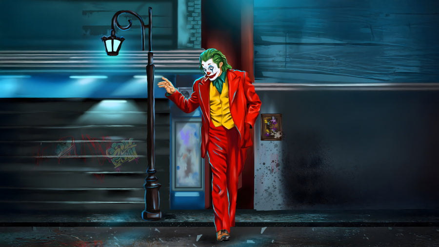 The Joker – Lamppost - the red suit propped against a lamppost on an empty stairway at night, on a metal wall art plate