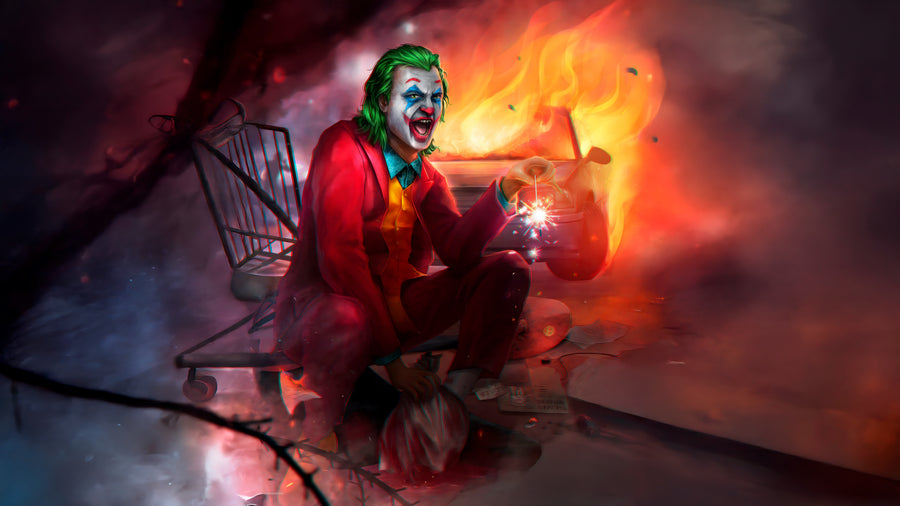 The Joker – Trolley Fire - a clown sat in a shopping trolley in front of a burning street, on a metal wall art plate