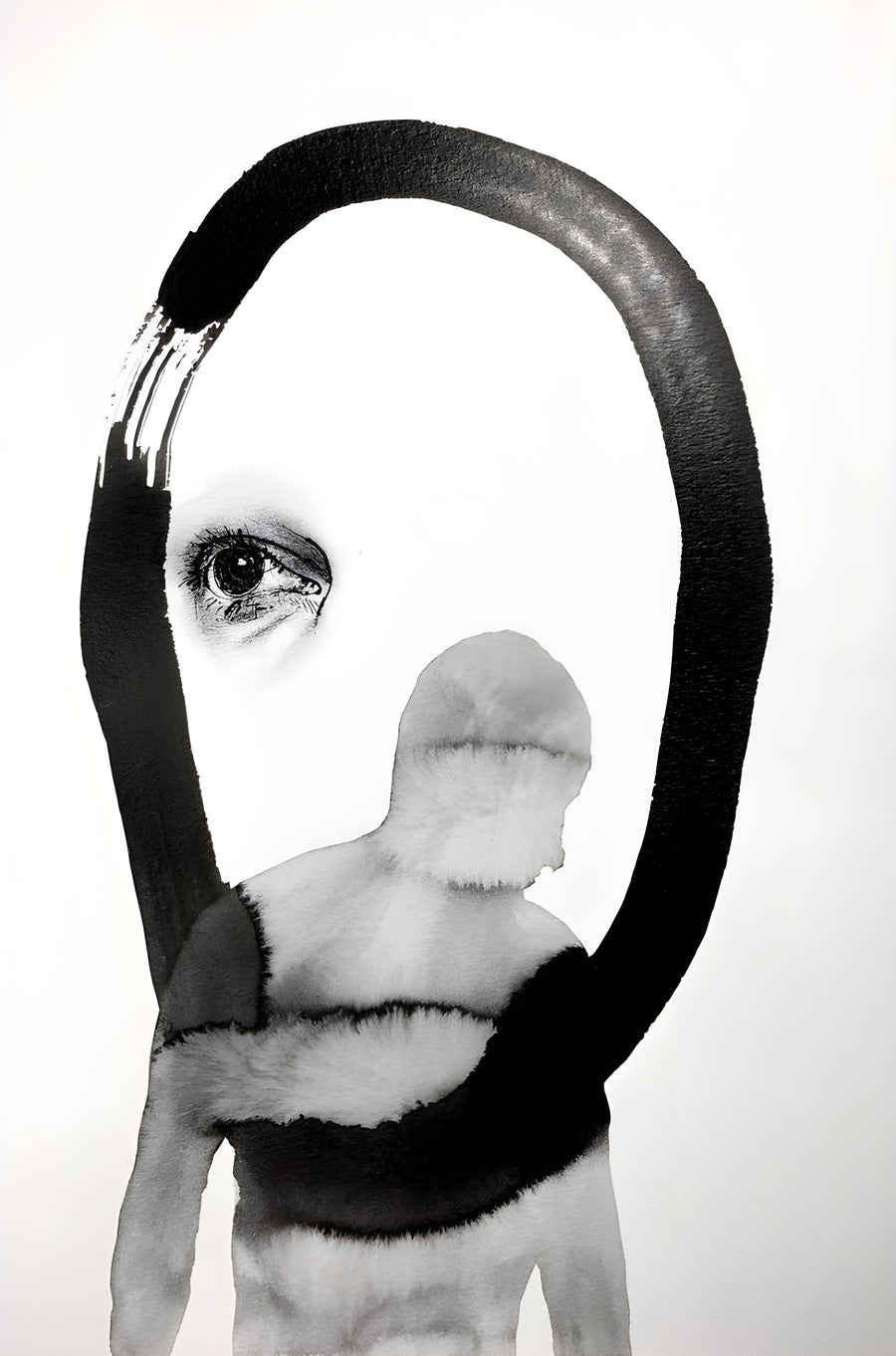 The Loop - a black loop drawn over a photographic face and a small figure, half portrait and half collage, on a metal wall art plate
