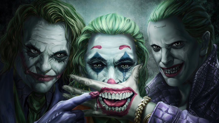 Three Jokers - three versions of the same face side by side, each with its own grin, on a metal wall art plate