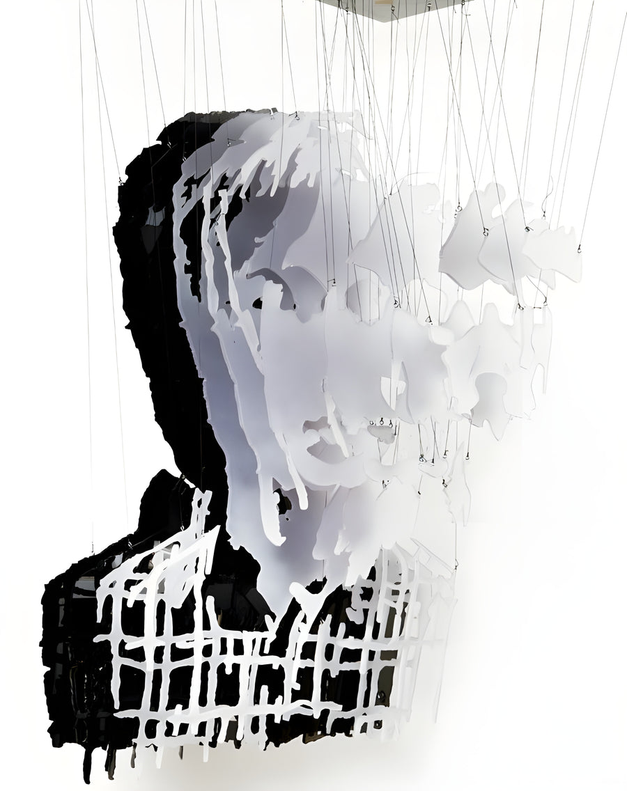 Torn Portrait - a portrait broken into hanging strips and a painted grid, dissolving as you look, on a metal wall art plate