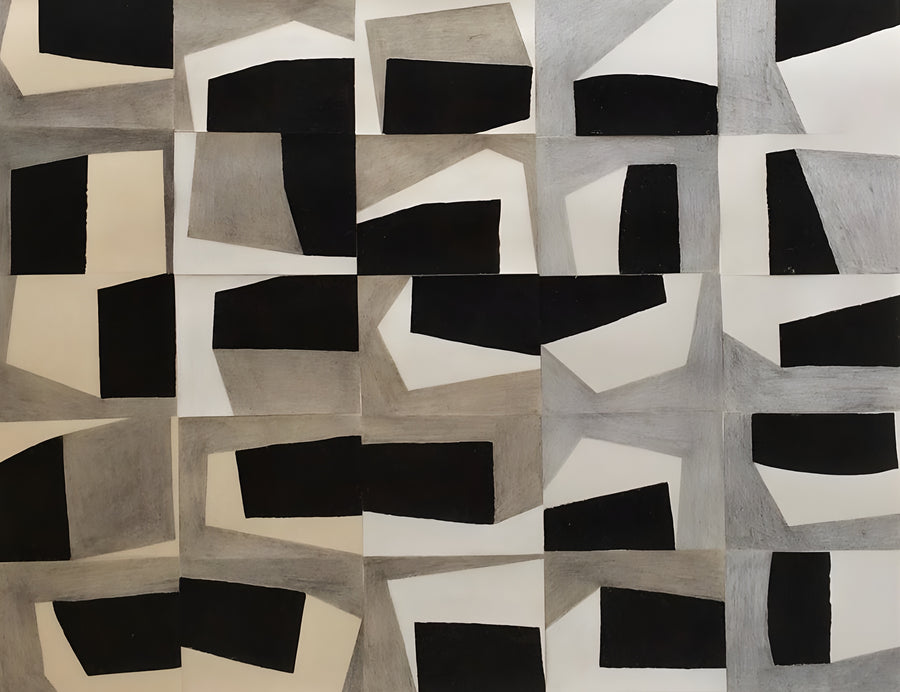 Torn Squares - torn paper squares in black, stone and grey, pasted into a loose grid, on a metal wall art plate