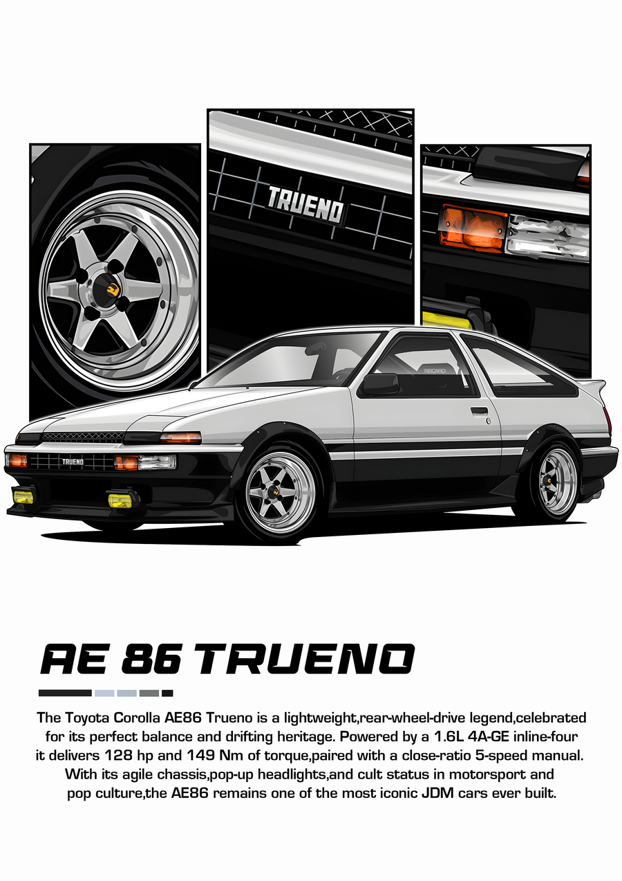 Toyota AE86 Trueno - the Toyota AE86 Trueno drawn as a tuner-style illustration in white and black, with cutaway, on a metal wall art plate