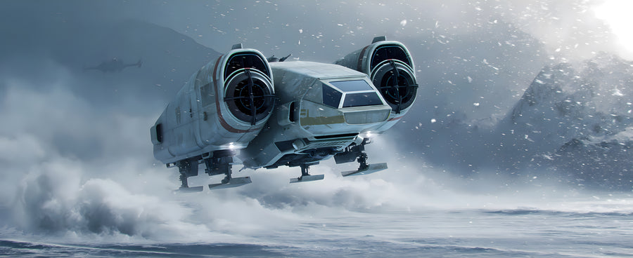 Transport Over Ice - a freighter running low over a frozen plain in heavy weather, on a metal wall art plate