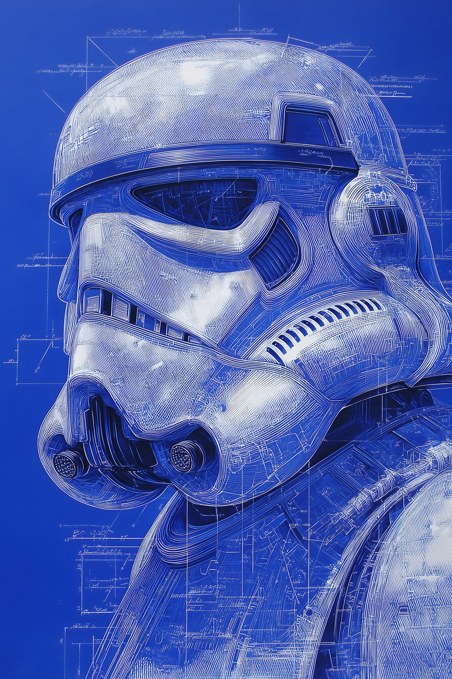 Trooper Helmet – Blueprint - the white helmet drawn over blue technical plans, on a metal wall art plate