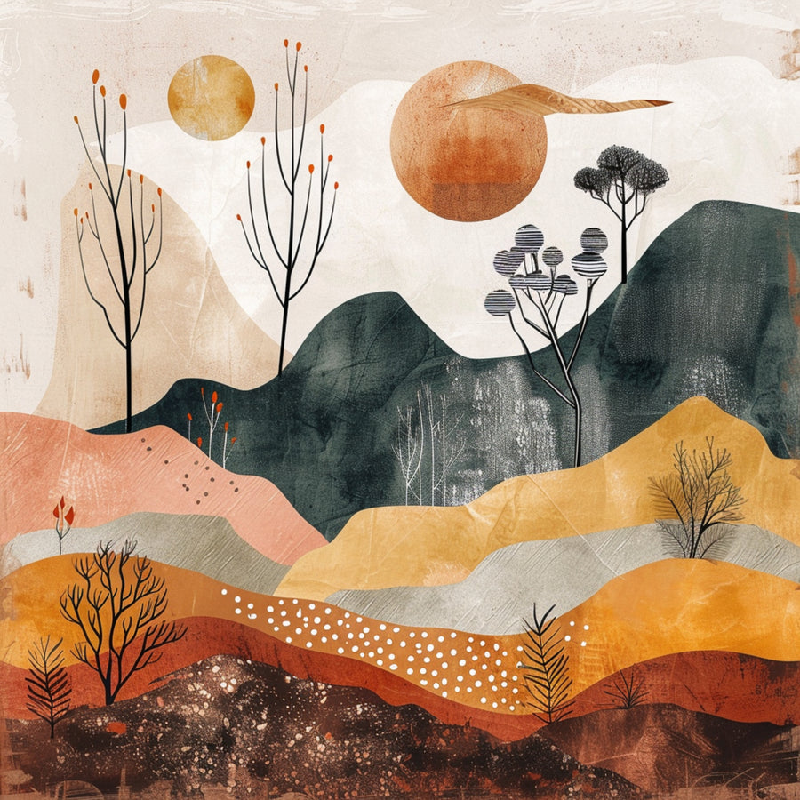 Twin Suns Landscape - textured hills in charcoal, cream