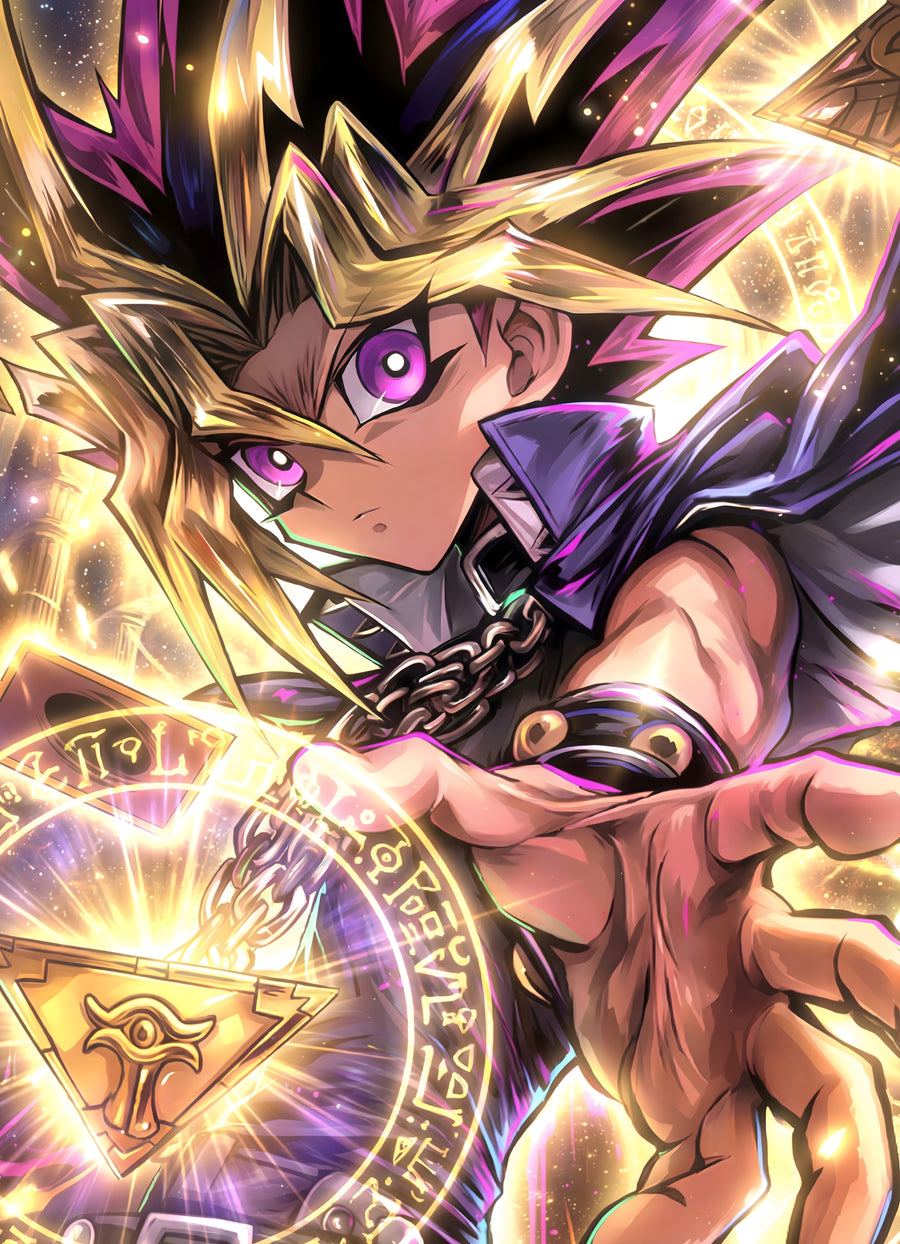 Yugi Muto – Portrait - yugi mid-duel with the millennium puzzle glowing, on a metal wall art plate