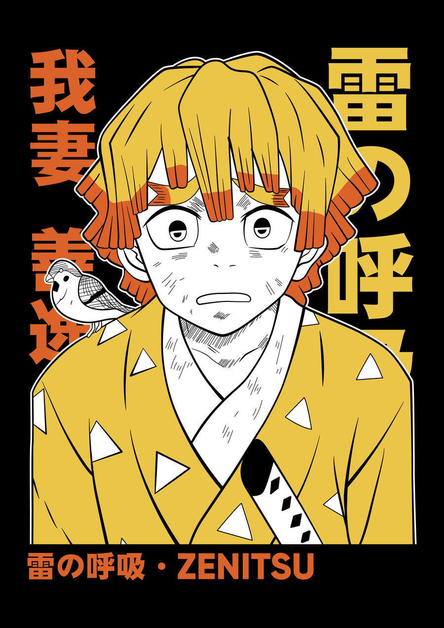 Zenitsu Agatsuma – Thunder Breathing - zenitsu wide-eyed in his yellow haori, thunder breathing kanji behind, on a metal wall art plate
